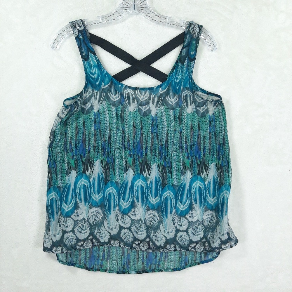 Chloe K Women Teal Blue Peacock Print‎ Cross Back Tank Top XS Lightweight Summer